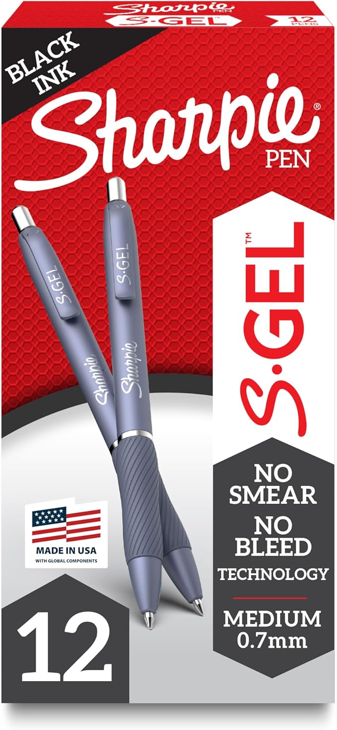 Sharpie S-Gel Pens, Blue Barrel, Black Ink, Medium Point, 12ct