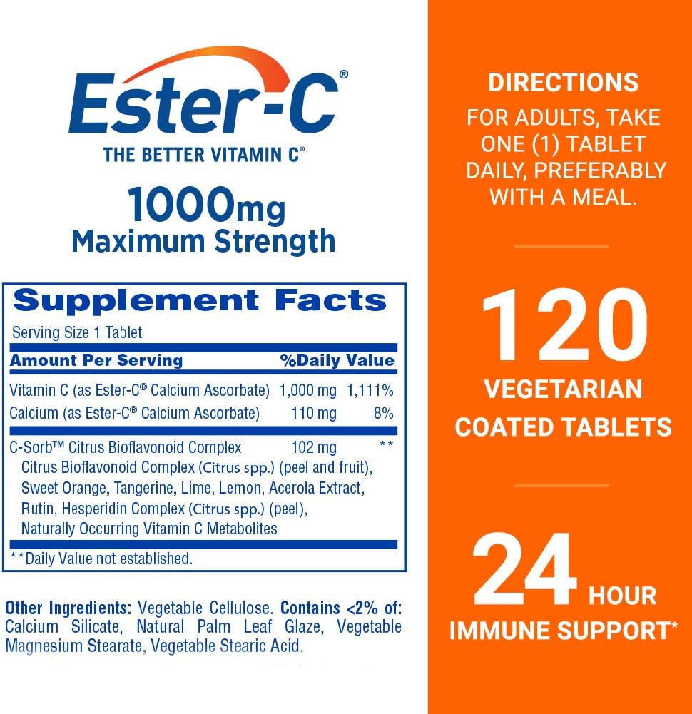 Ester-C Vitamin C 1000 mg Coated Tablets, Immune System Booster Supplement 120ct