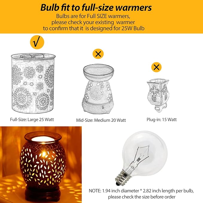 Wax Warmer Bulbs 6 Pack, G50 25 Watt Light Bulbs for Full Size Scentsy Warmers