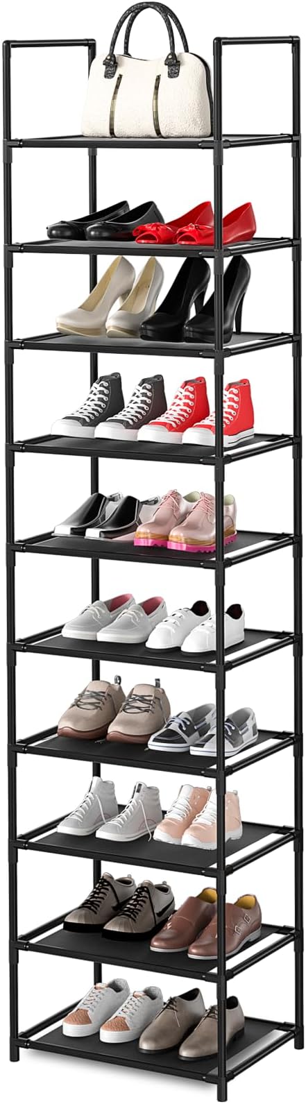 10 Tier Shoe Rack, Tall Narrow Shoes Rack Storage Organizer 20-25 Pairs Boots Space Saving, Stackable Sturdy Metal Shoe Shelf for Closet, Entryway, Garage, Black