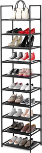 10 Tier Shoe Rack, Tall Narrow Shoes Rack Storage Organizer 20-25 Pairs Boots Space Saving, Stackable Sturdy Metal Shoe Shelf for Closet, Entryway, Garage, Black