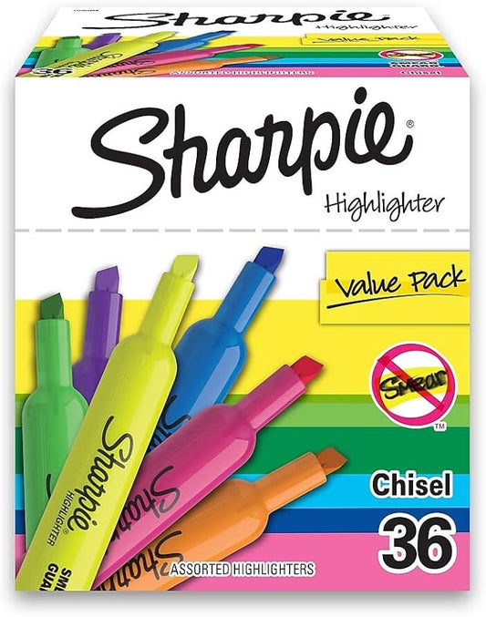 Sharpie Tank Highlighters, Fluorescent & Pastel, Chisel Tip, 36ct
