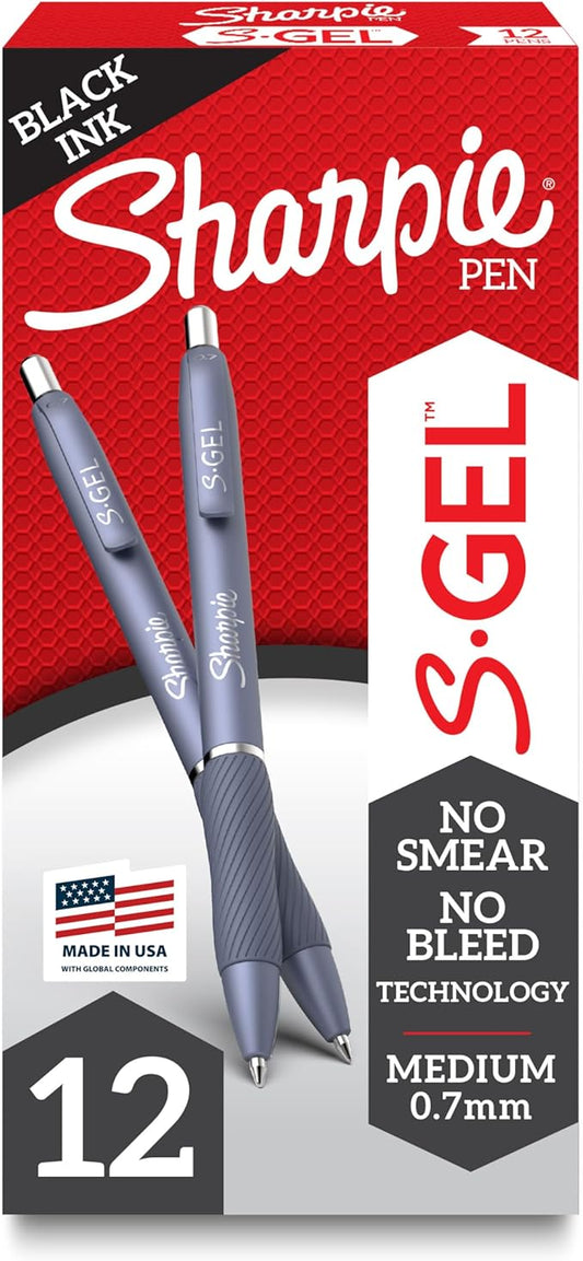 Sharpie S-Gel Pens, Blue Barrel, Black Ink, Medium Point, 12ct