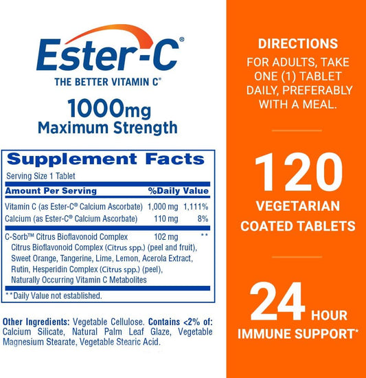 Ester-C Vitamin C 1000 mg Coated Tablets, Immune System Booster Supplement 120ct