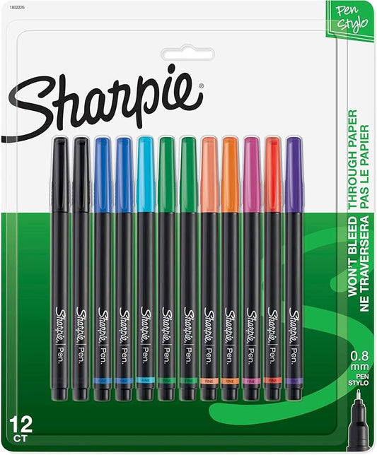 Sharpie Felt Tip Pens, Assorted Colors, Fine Point (0.4mm), 12ct