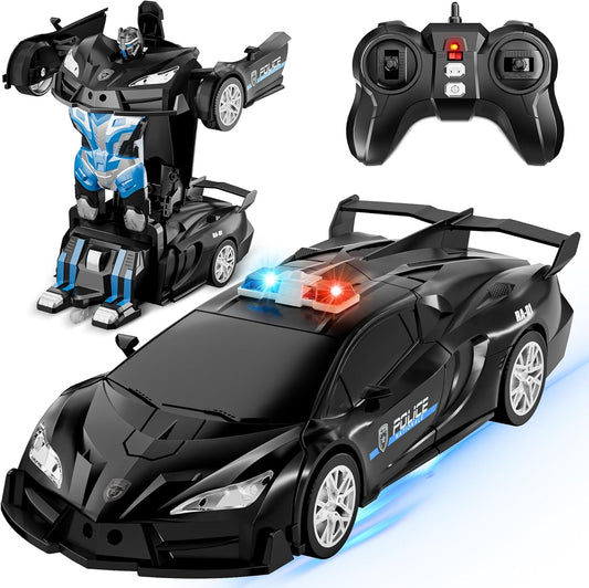Remote Control Car, Transform Toys RC Car with One-Button Deformation and 360° Rotating, 2.4Ghz 1:18 Scale Transforming Robot Toys Police Car Toys for Ages 4-7 6-8 8-12 Girls Boys Toys (Black)