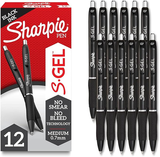 Sharpie S-Gel Pens, Black Barrel, Black Ink, Medium Point, 12ct