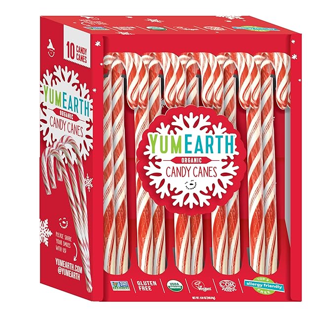YumEarth Organic Peppermint Candy Canes 10 Count Allergen Free Holiday Treat